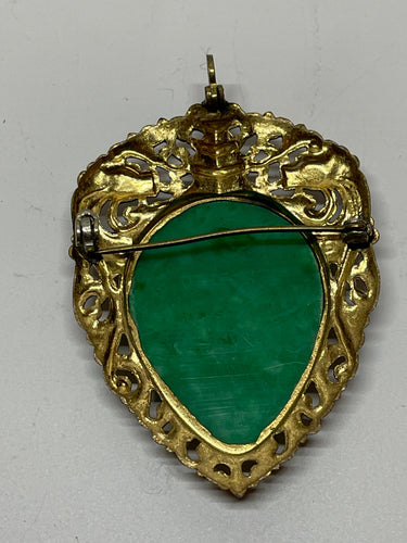 Brass and Plastic Green Carved Brooch/ Pendant Bloomers and Frocks